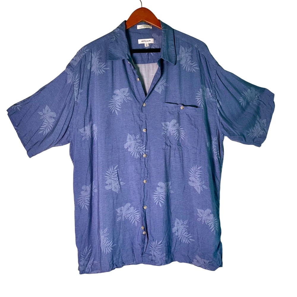 Vintage Pierre Cardin Mens XL Blue Tropical Hawaiian Rayon Shirt Floral Camp Top